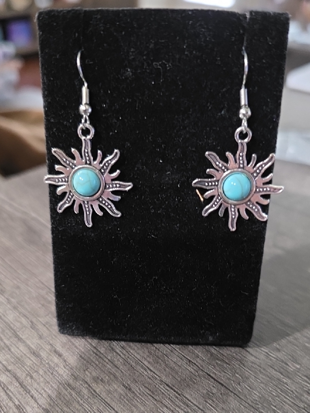Sunburst Turquoise Drop Earrings - Silver Tone
